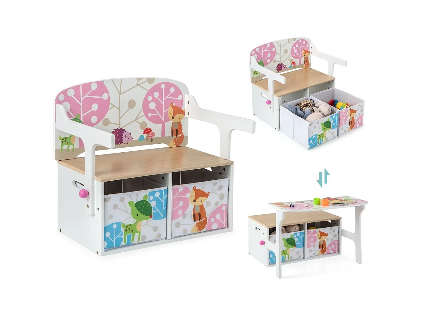 Panchina attività convertibile per bambini, Set tavolo e sedie per bambini con 2 cassetti in tessuto rimovibili Bianco