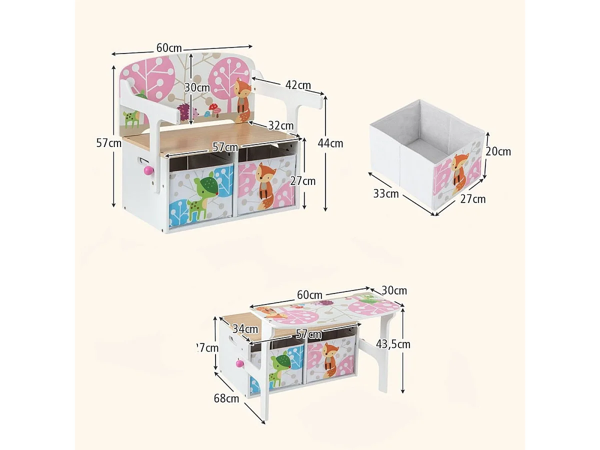Chaise Enfants Convertible à Ensemble Table et Banc avec Fonction de Rangement 2 Bacs en Tissu Amovibles Blanc