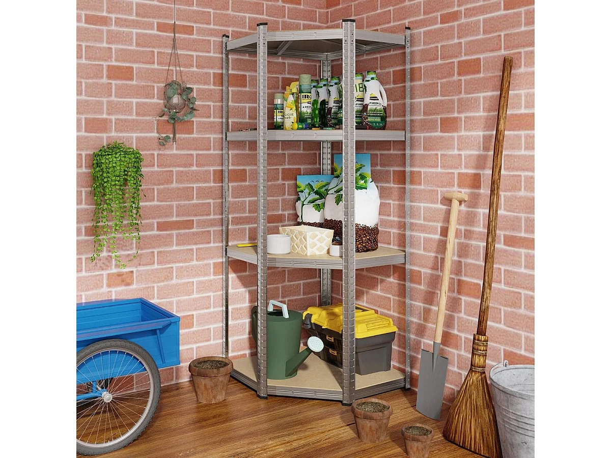 Scaffale ad angolo a 4 ripiani con portata di 720kg, Scaffalatura regolabile per l'archiviazione in garage Argento