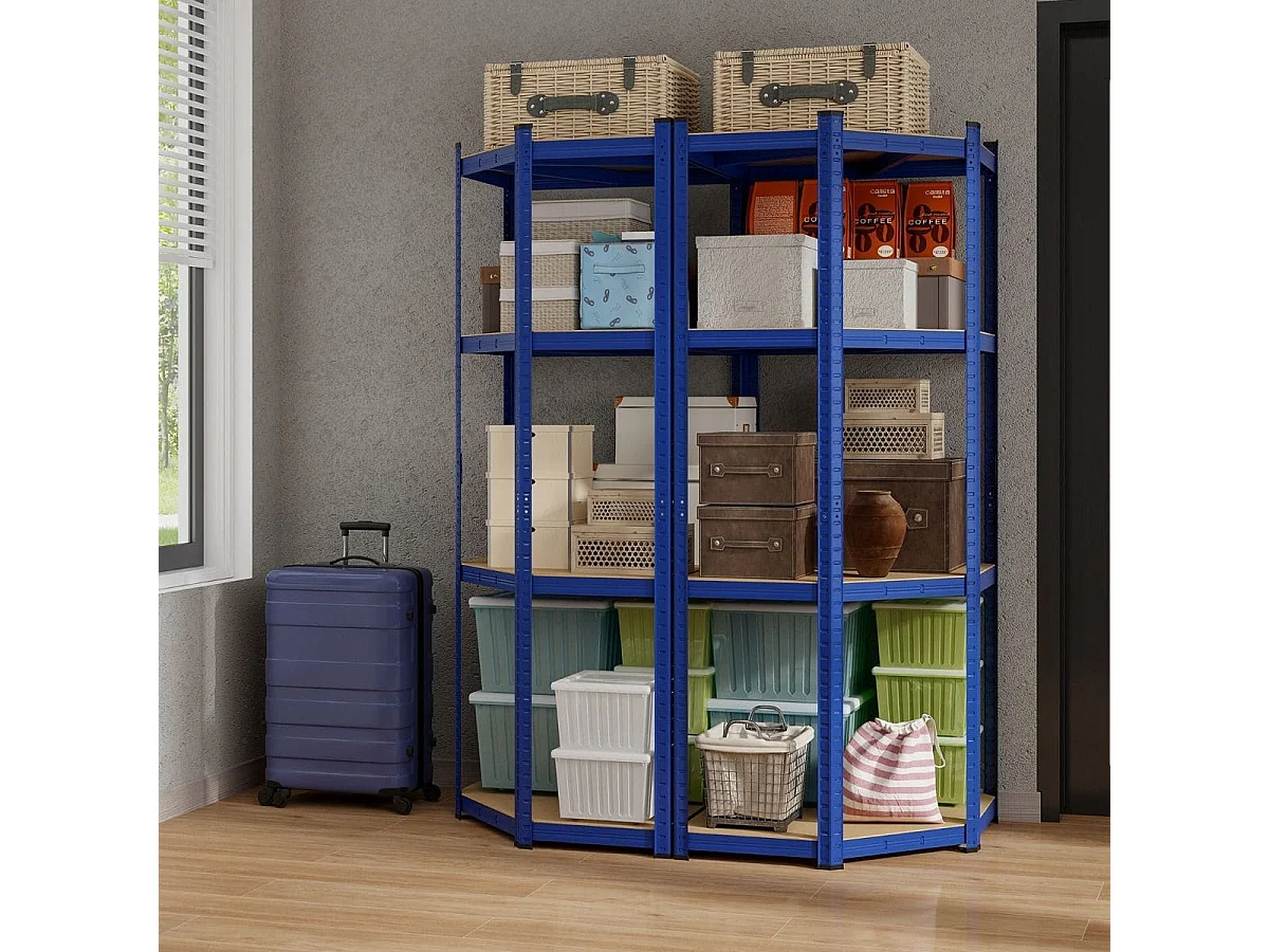 Scaffale ad angolo a 4 ripiani con portata di 720kg, Scaffalatura regolabile per l'archiviazione in garage Blu