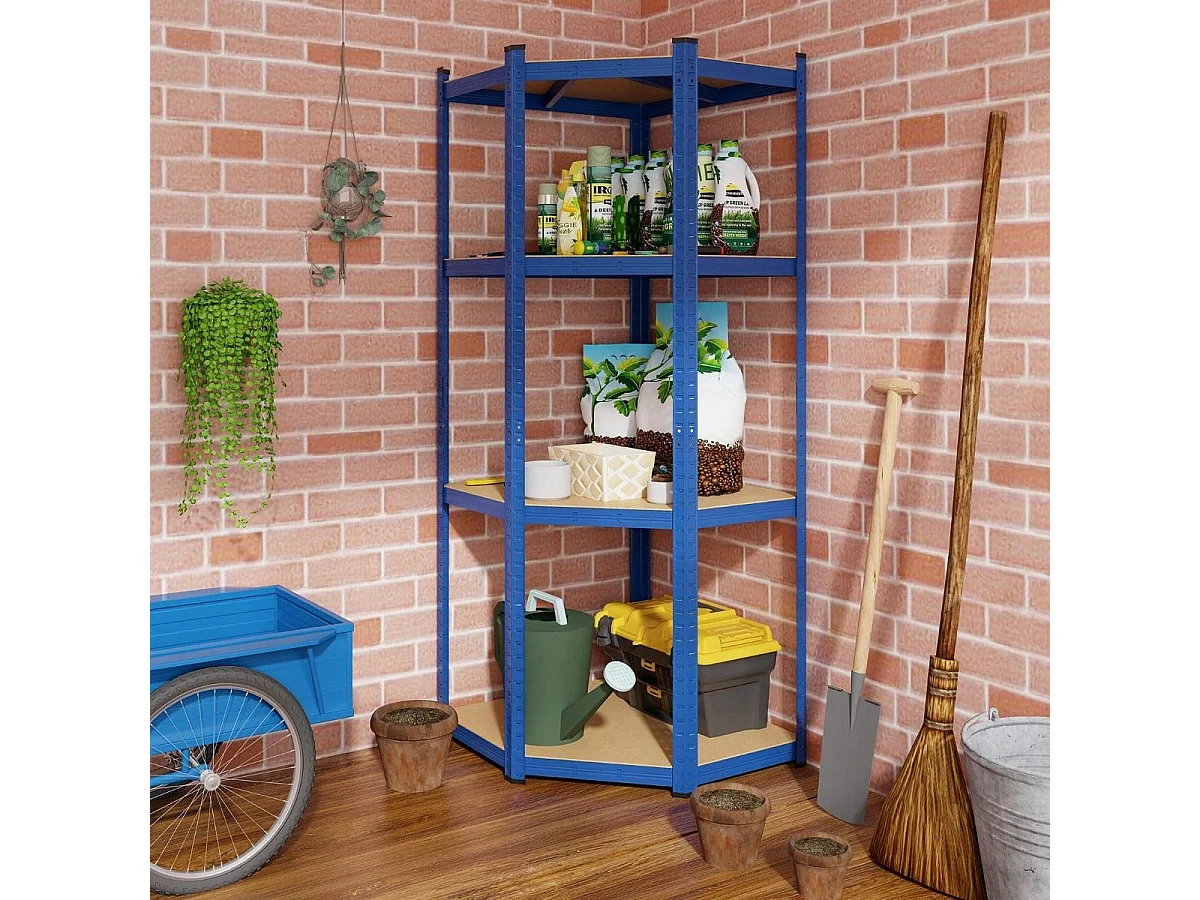Scaffale ad angolo a 4 ripiani con portata di 720kg, Scaffalatura regolabile per l'archiviazione in garage Blu