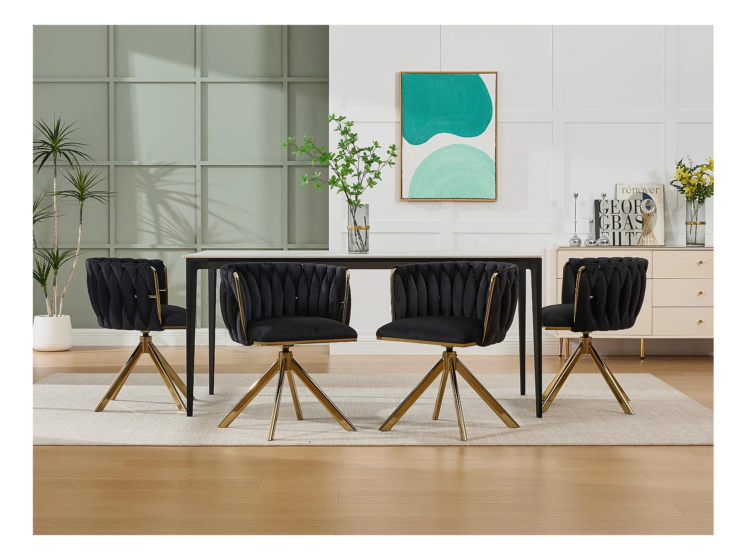 Lot de 4 Chaises pivotante noires - Chaise coquillage avec pieds en métal doré - Style contemporain