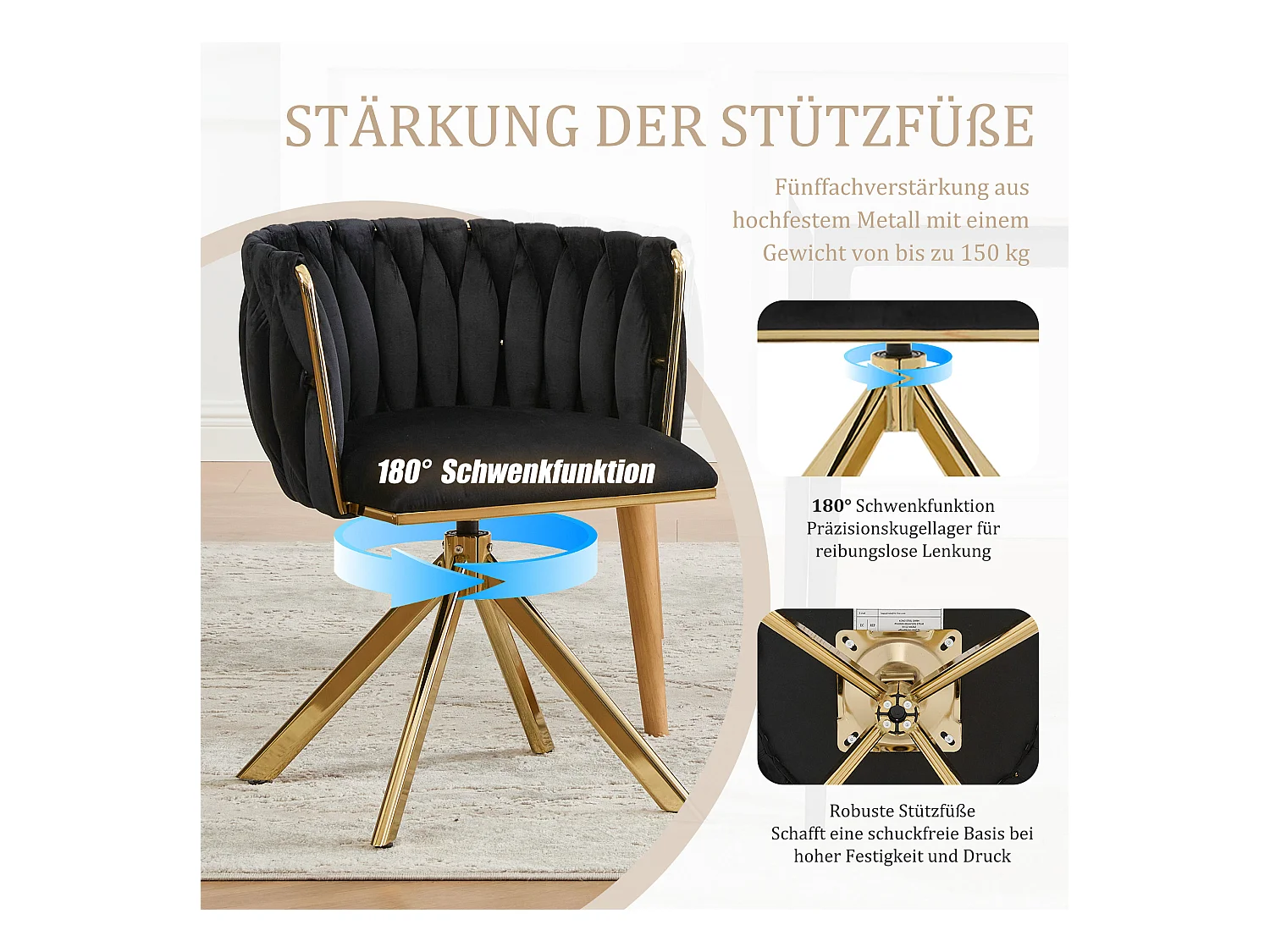 Lot de 4 Chaises pivotante noires - Chaise coquillage avec pieds en métal doré - Style contemporain