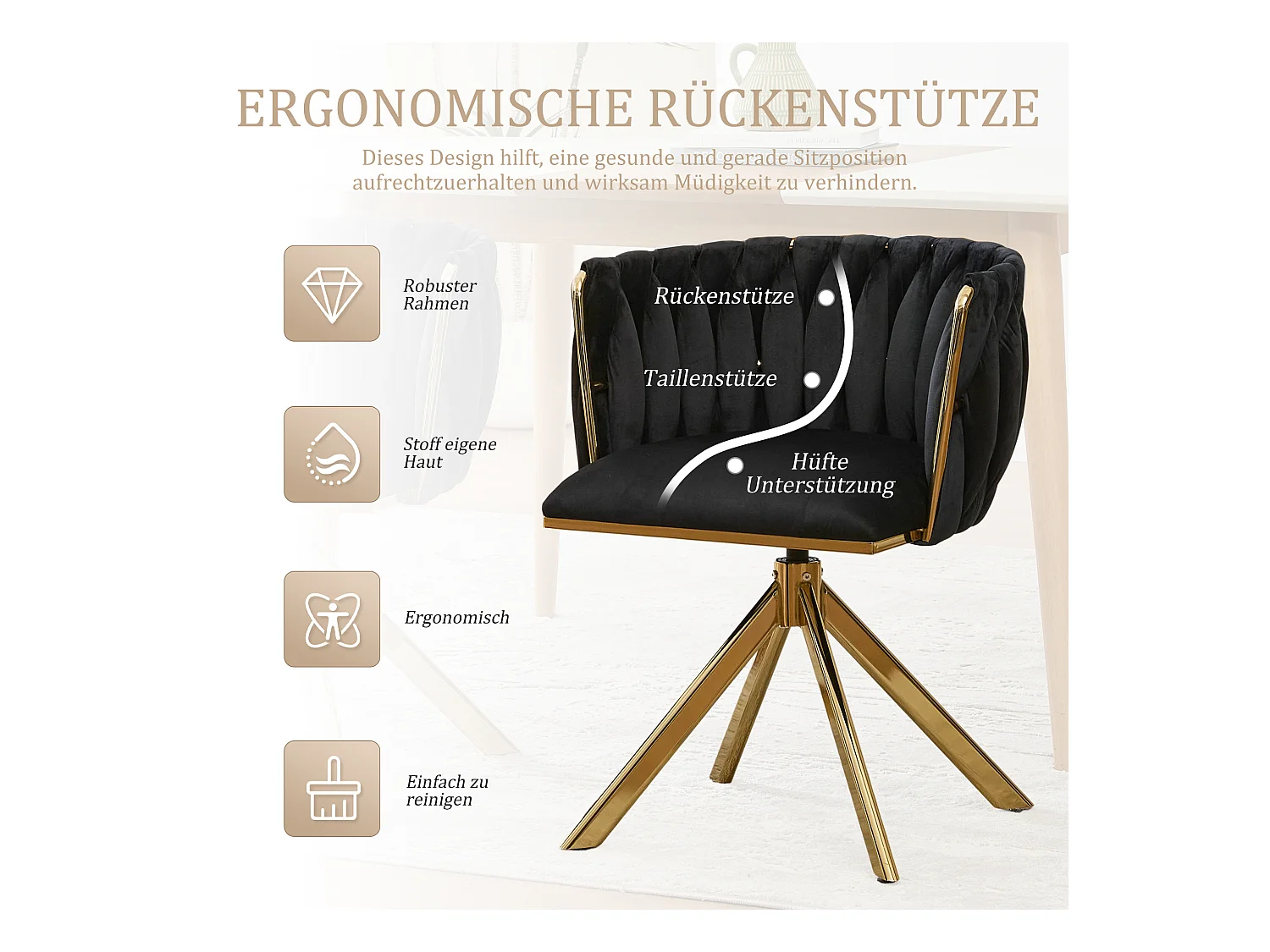 Lot de 4 Chaises pivotante noires - Chaise coquillage avec pieds en métal doré - Style contemporain