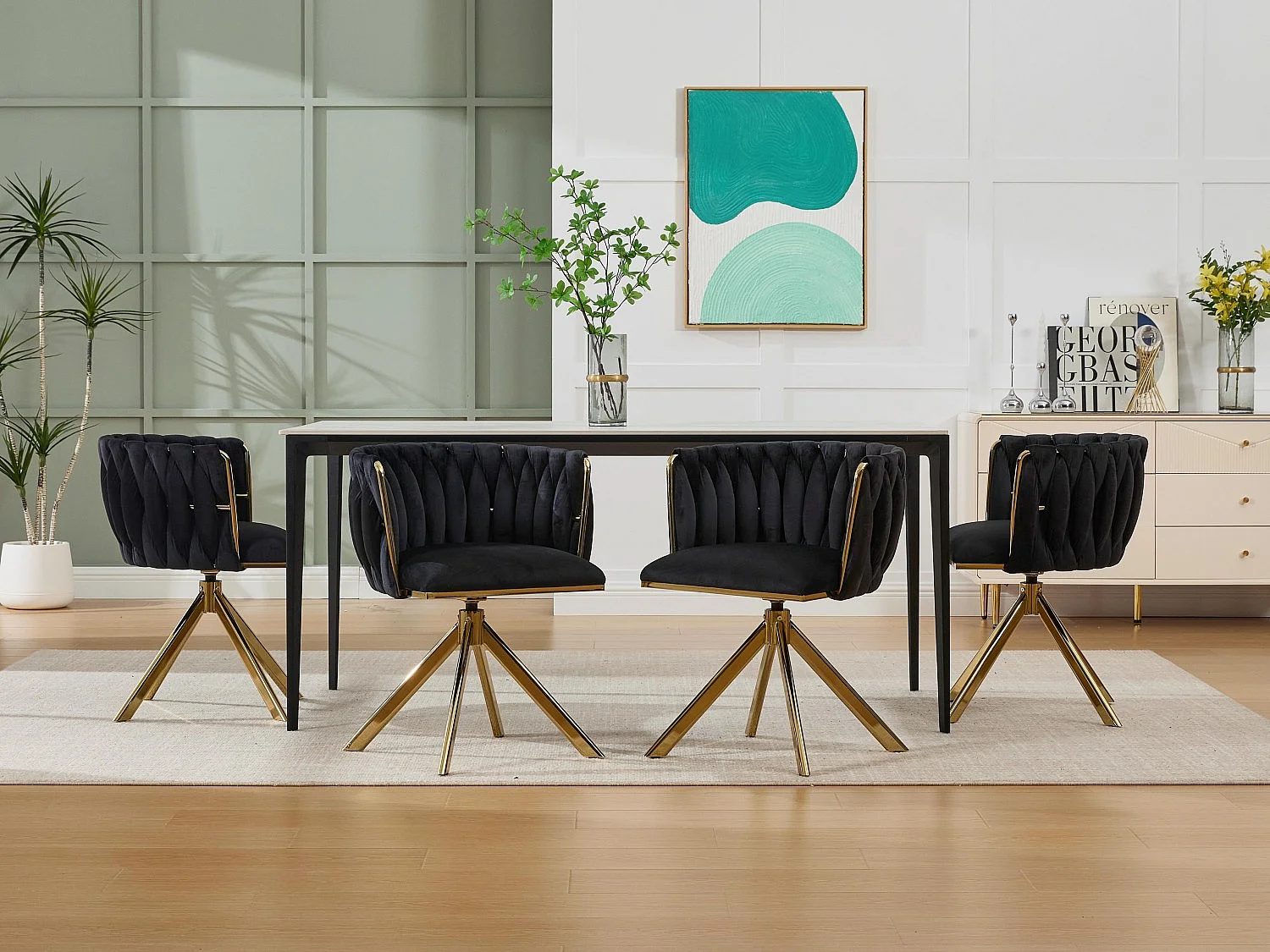 Set van 4 zwarte draaistoelen - Schelpstoel met gouden metalen poten - Hedendaagse stijl