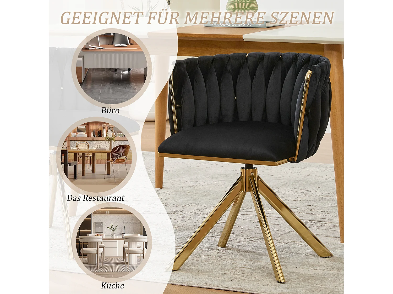 Set van 4 zwarte draaistoelen - Schelpstoel met gouden metalen poten - Hedendaagse stijl