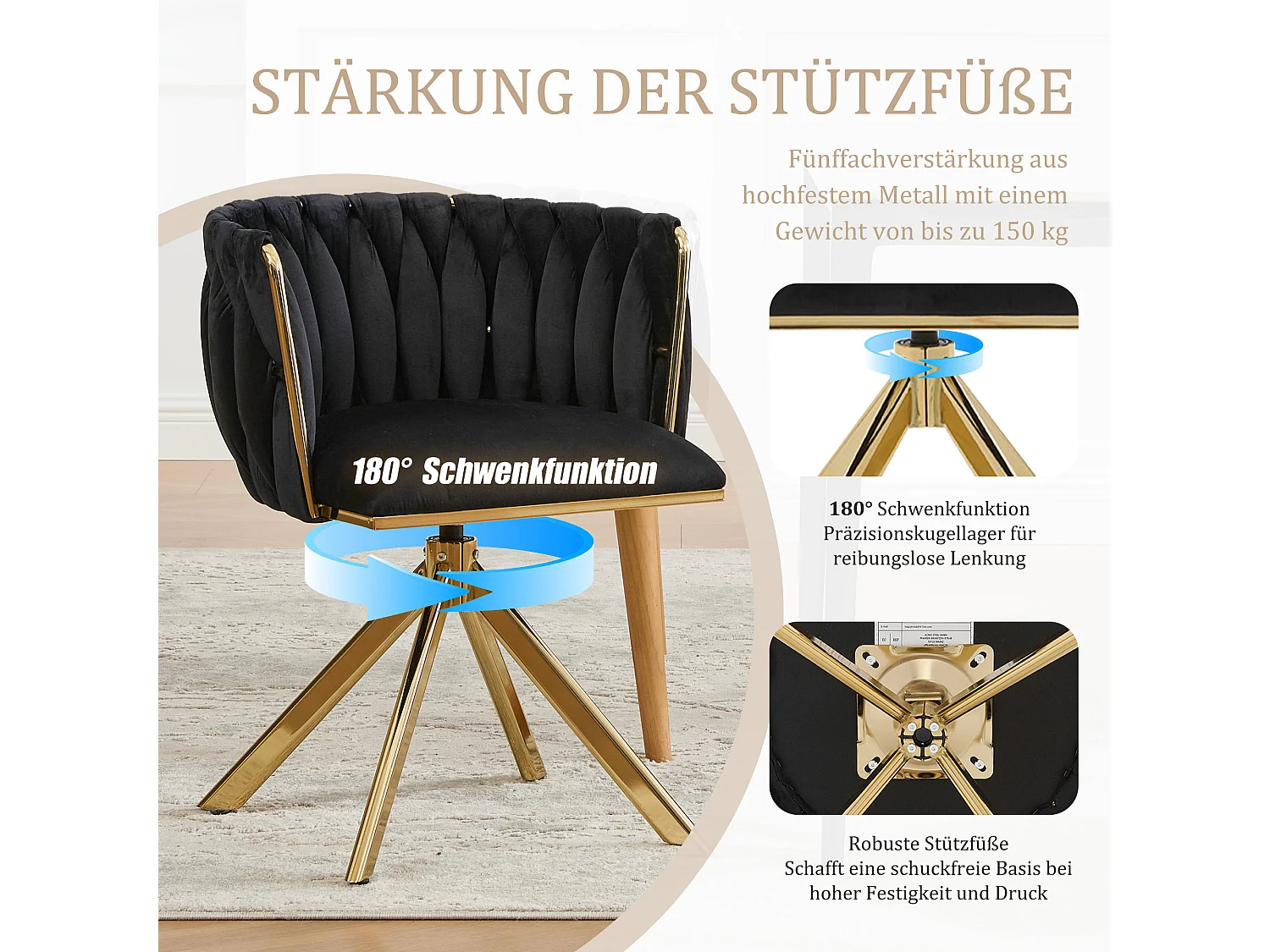 Set van 4 zwarte draaistoelen - Schelpstoel met gouden metalen poten - Hedendaagse stijl