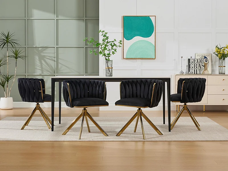 Lot de 4 Chaises pivotante noires - Chaise coquillage avec pieds en métal doré - Style contemporain