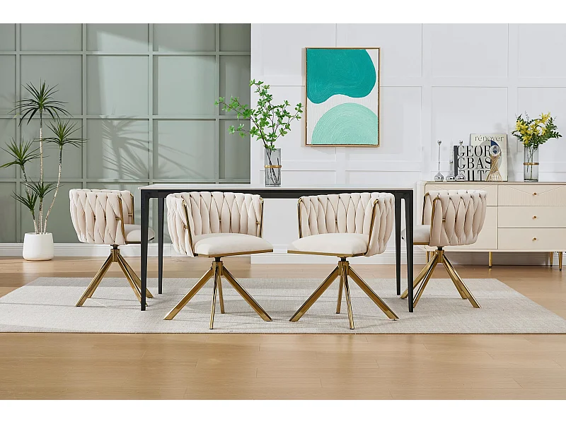 Lot de 4 Chaises pivotante beiges - Chaise coquillage avec pieds en métal doré - Style contemporain