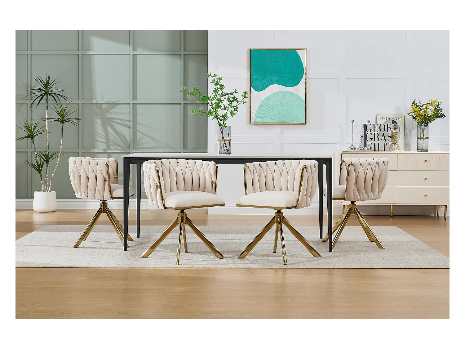 Lot de 4 Chaises pivotante beiges - Chaise coquillage avec pieds en métal doré - Style contemporain