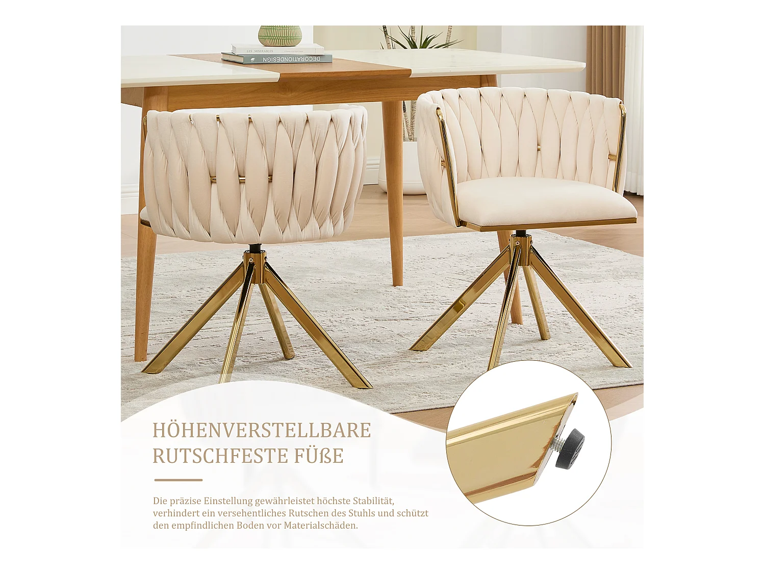 Lot de 4 Chaises pivotante beiges - Chaise coquillage avec pieds en métal doré - Style contemporain