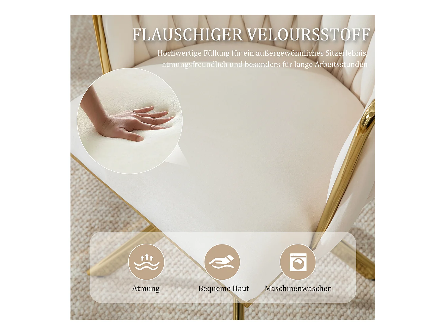 Lot de 4 Chaises pivotante beiges - Chaise coquillage avec pieds en métal doré - Style contemporain