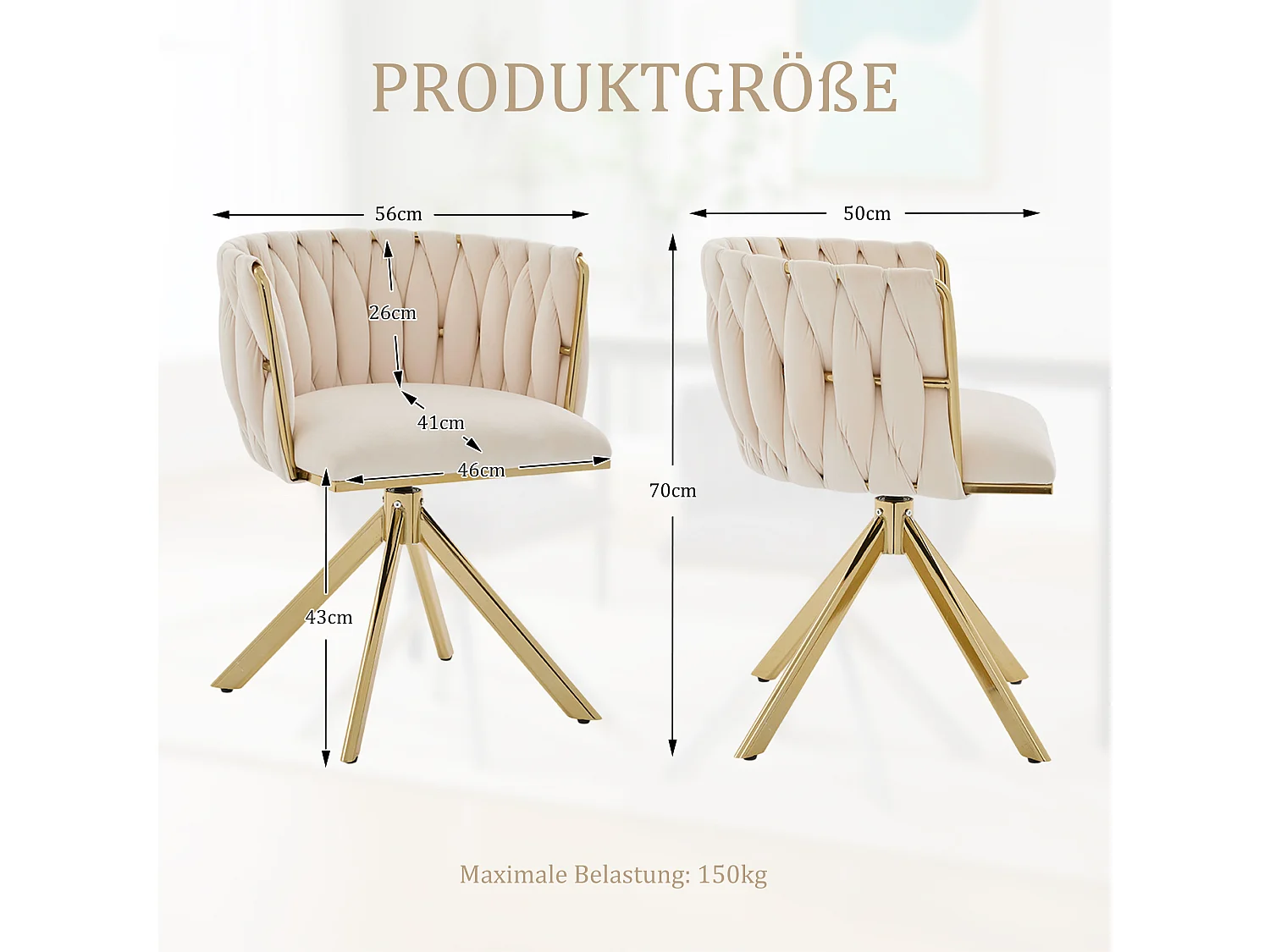 Lot de 4 Chaises pivotante beiges - Chaise coquillage avec pieds en métal doré - Style contemporain