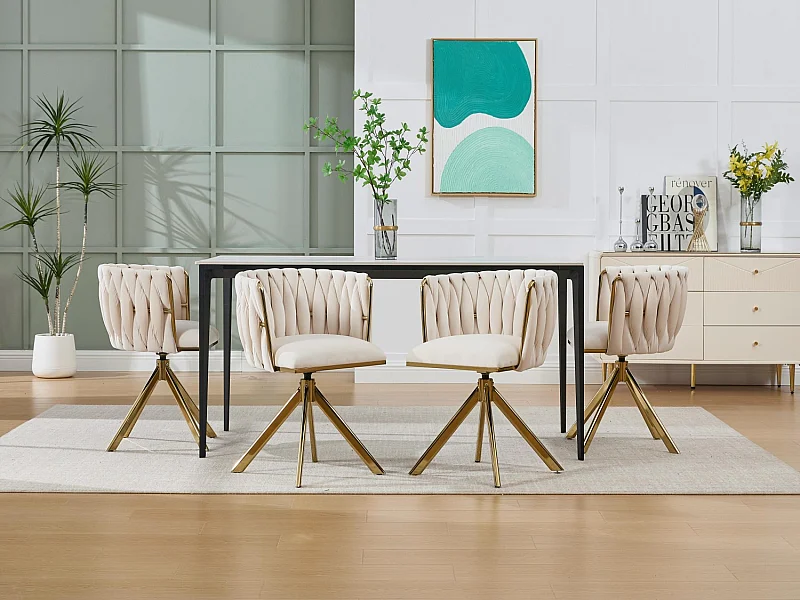 Lot de 4 Chaises pivotante beiges - Chaise coquillage avec pieds en métal doré - Style contemporain