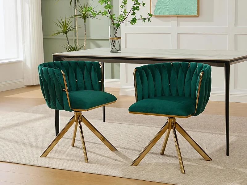 Lot de 2 Chaises pivotante vertes - Chaise coquillage avec pieds en métal doré - Style contemporain