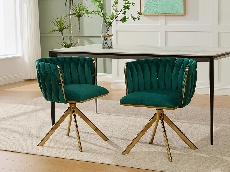 Lot de 2 Chaises pivotante vertes - Chaise coquillage avec pieds en métal doré - Style contemporain