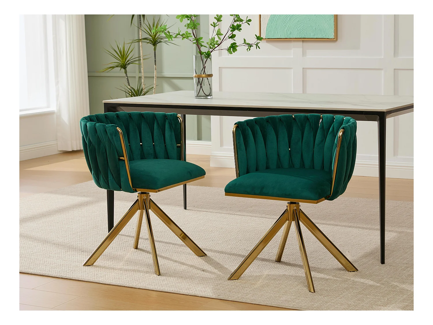 Lot de 2 Chaises pivotante vertes - Chaise coquillage avec pieds en métal doré - Style contemporain