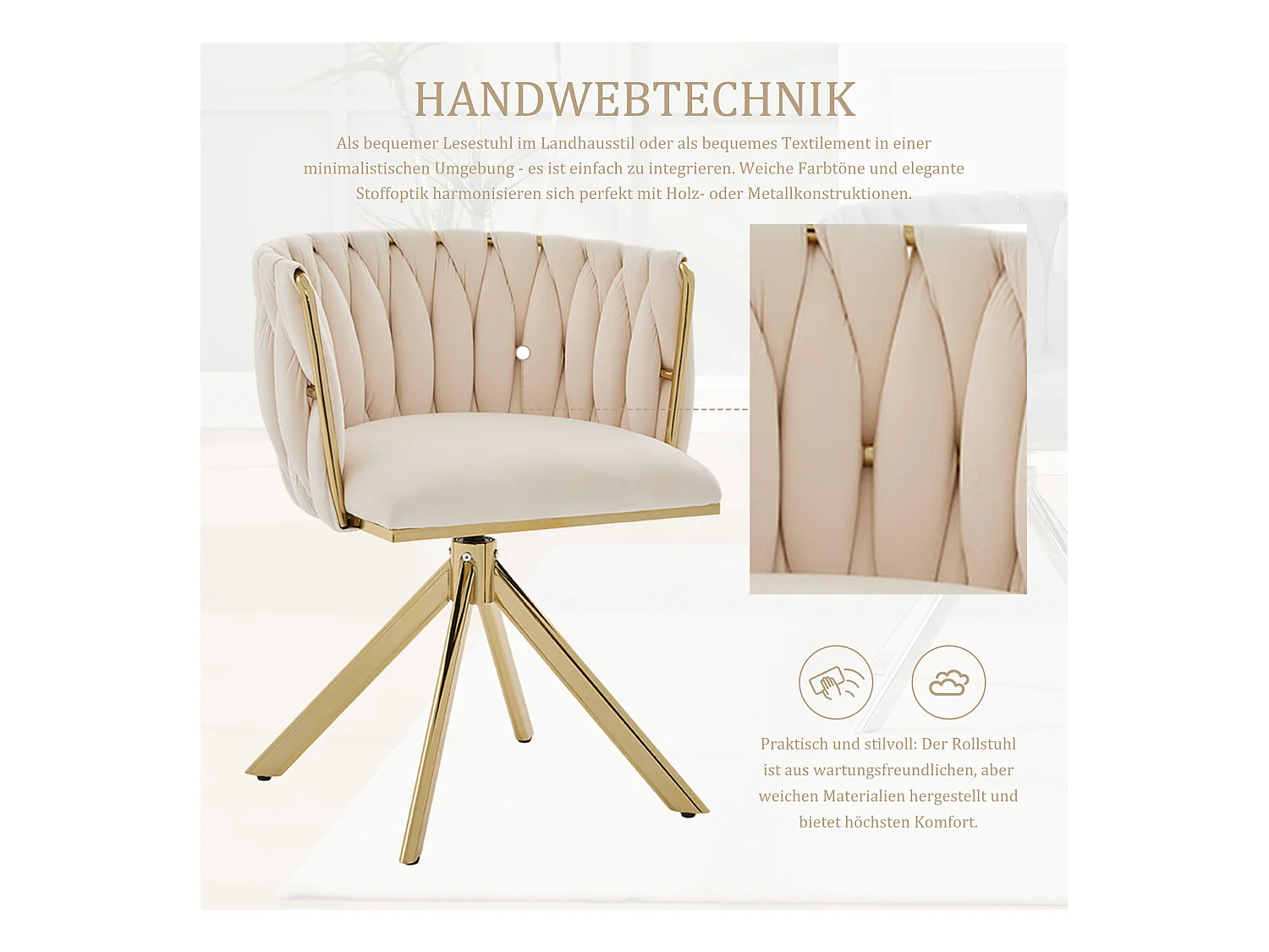 Lot de 2 Chaises pivotante beiges - Chaise coquillage avec pieds en métal doré - Style contemporain