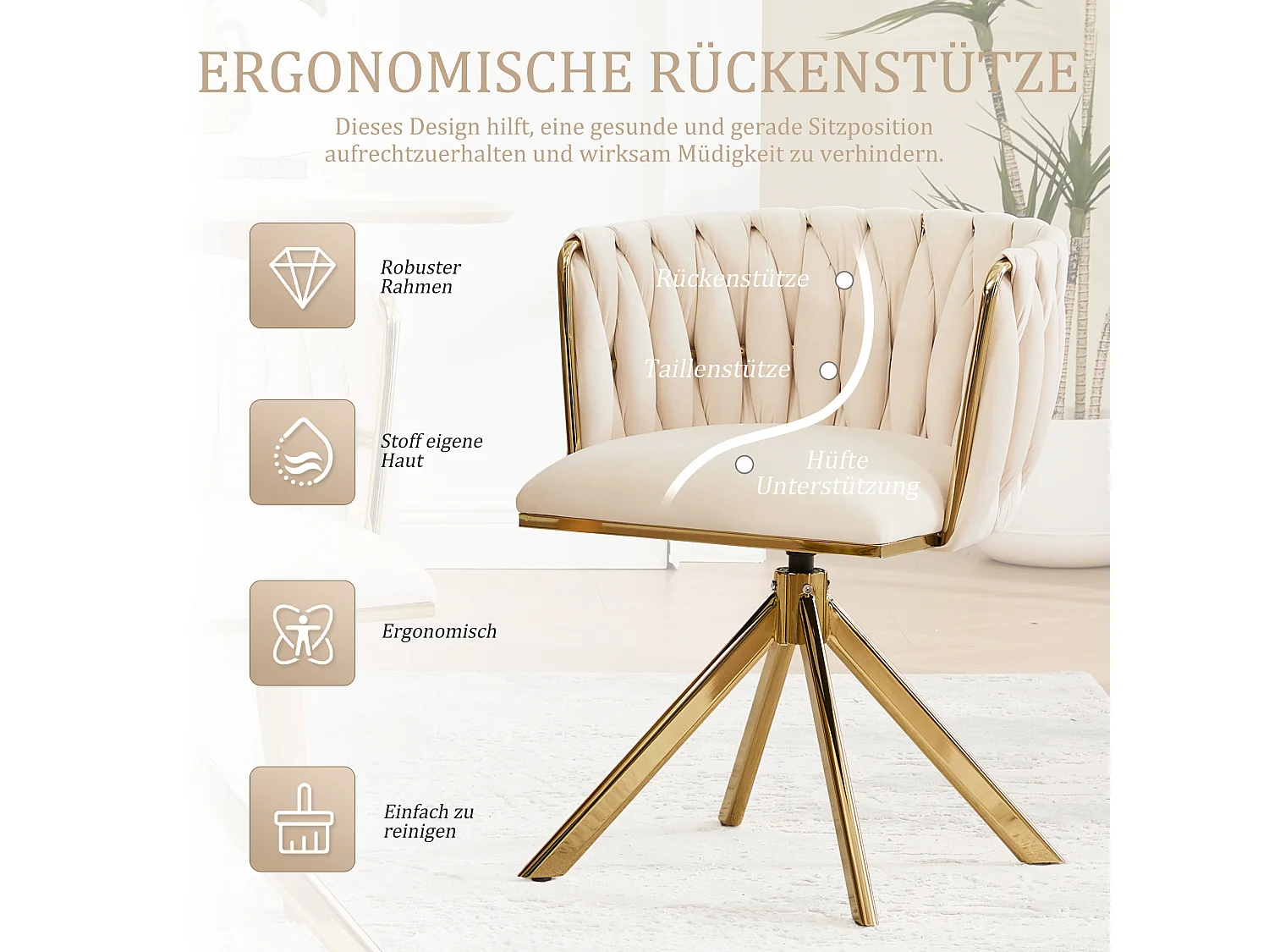 Lot de 2 Chaises pivotante beiges - Chaise coquillage avec pieds en métal doré - Style contemporain