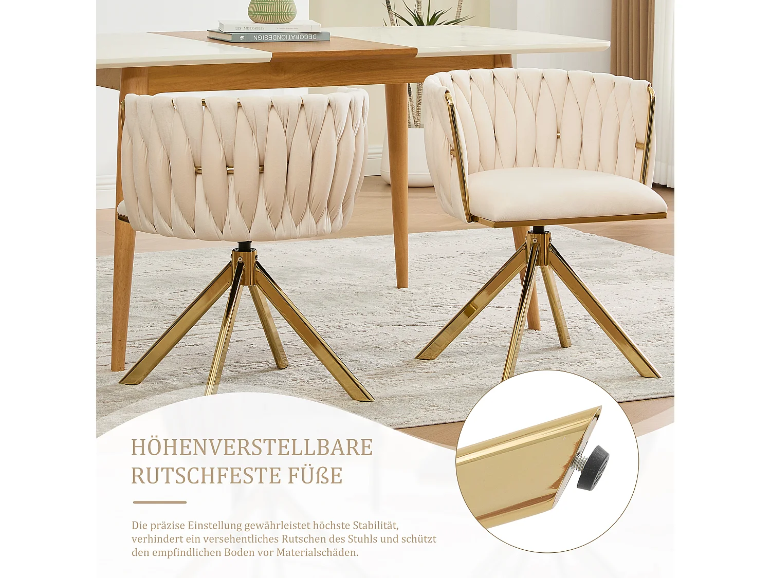 Lot de 2 Chaises pivotante beiges - Chaise coquillage avec pieds en métal doré - Style contemporain