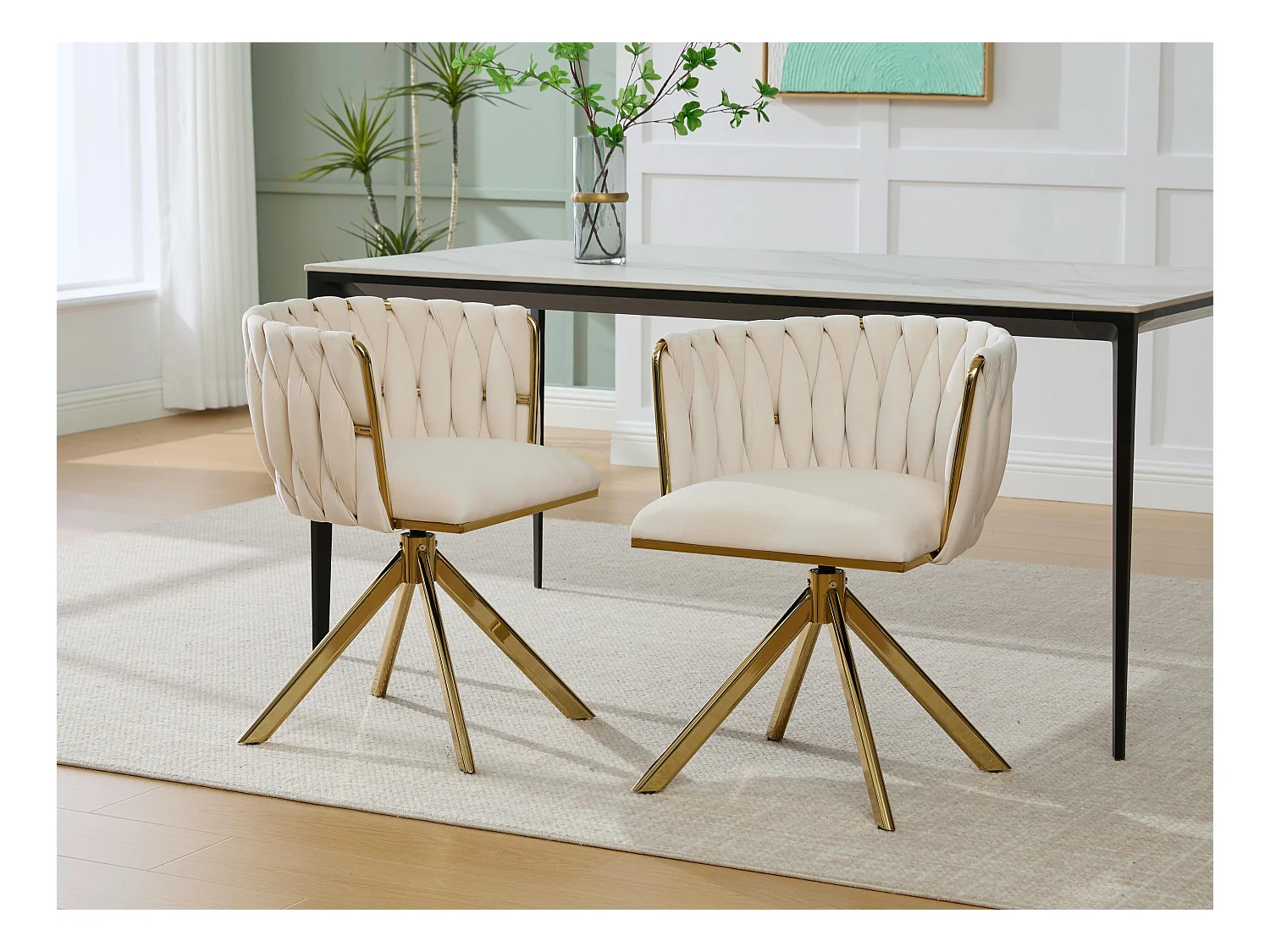 Lot de 2 Chaises pivotante beiges - Chaise coquillage avec pieds en métal doré - Style contemporain