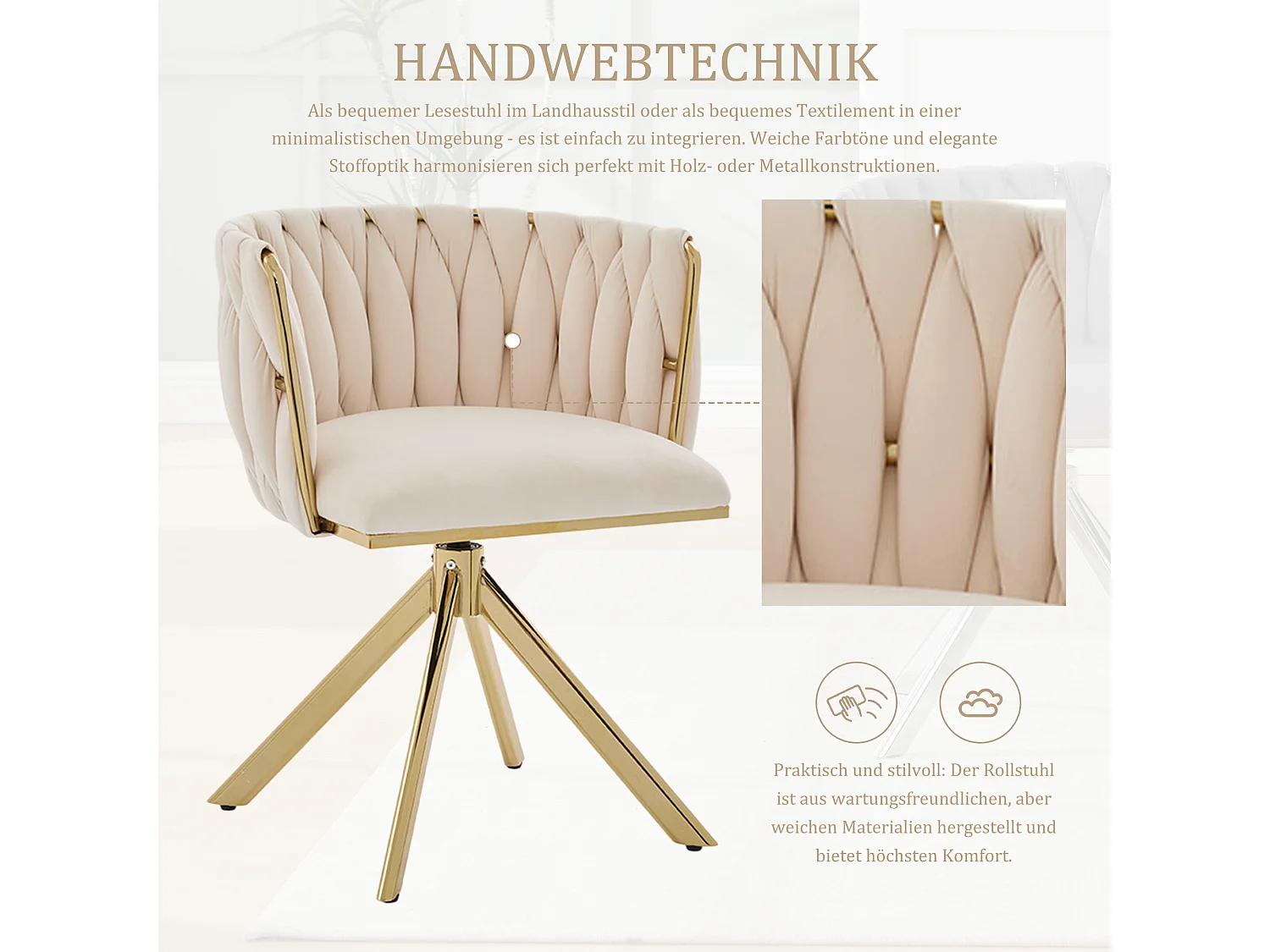 Lot de 2 Chaises pivotante beiges - Chaise coquillage avec pieds en métal doré - Style contemporain