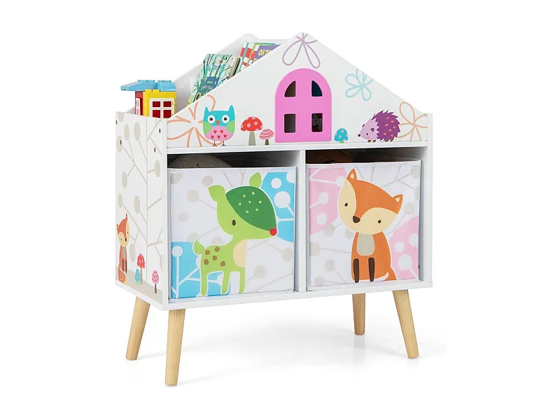 Kinderhausförmiges Bücherregal Holzpuppenhaus-Bücherregal mit 2 Aufbewahrungsboxen Bunt 62 x 30 x 72 cm