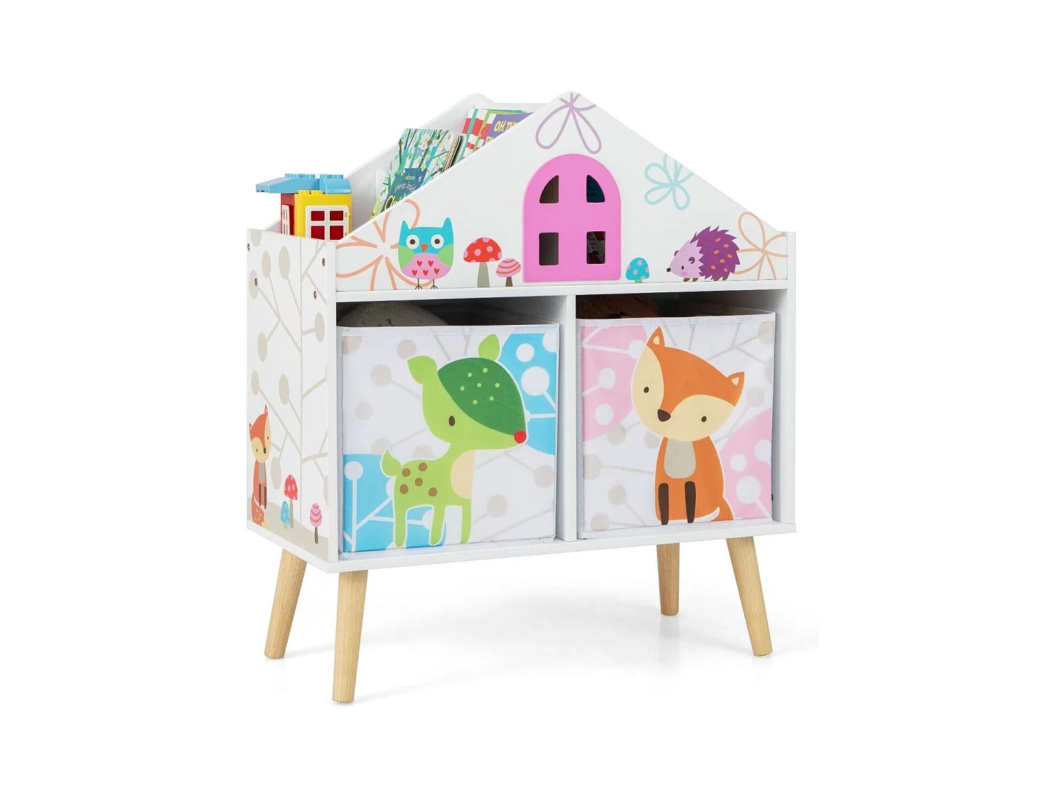 Bibliothèque en Forme de Maison pour Enfants Meuble en Bois pour Jouets 2 Bacs de Rangement Pieds Surélevés en Bois Massif Armoire de Rangement Blanc