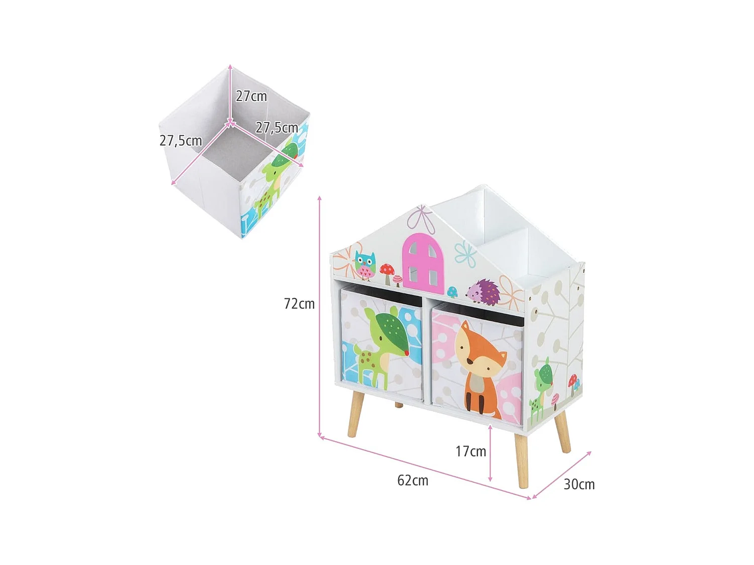 Bibliothèque en Forme de Maison pour Enfants Meuble en Bois pour Jouets 2 Bacs de Rangement Pieds Surélevés en Bois Massif Armoire de Rangement Blanc
