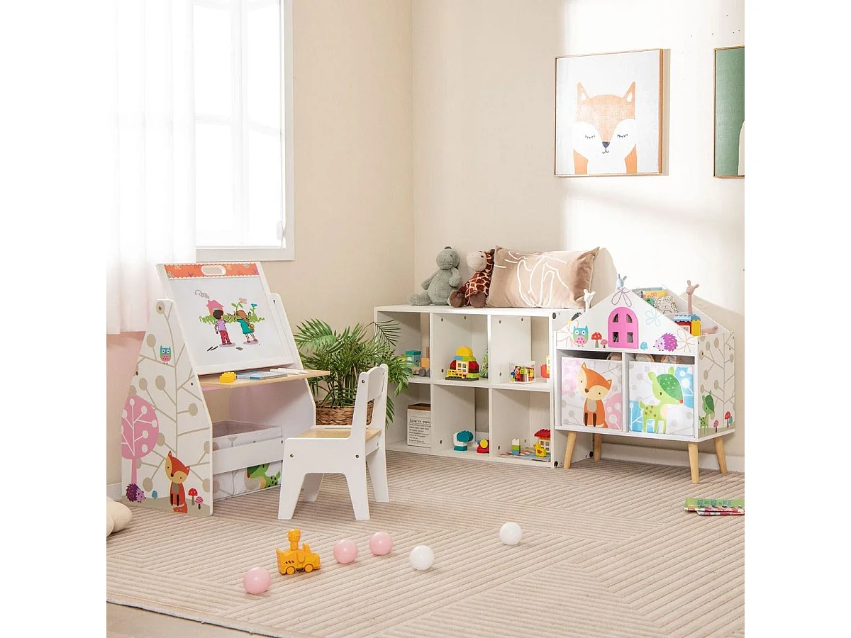 Bibliothèque en Forme de Maison pour Enfants Meuble en Bois pour Jouets 2 Bacs de Rangement Pieds Surélevés en Bois Massif Armoire de Rangement Blanc