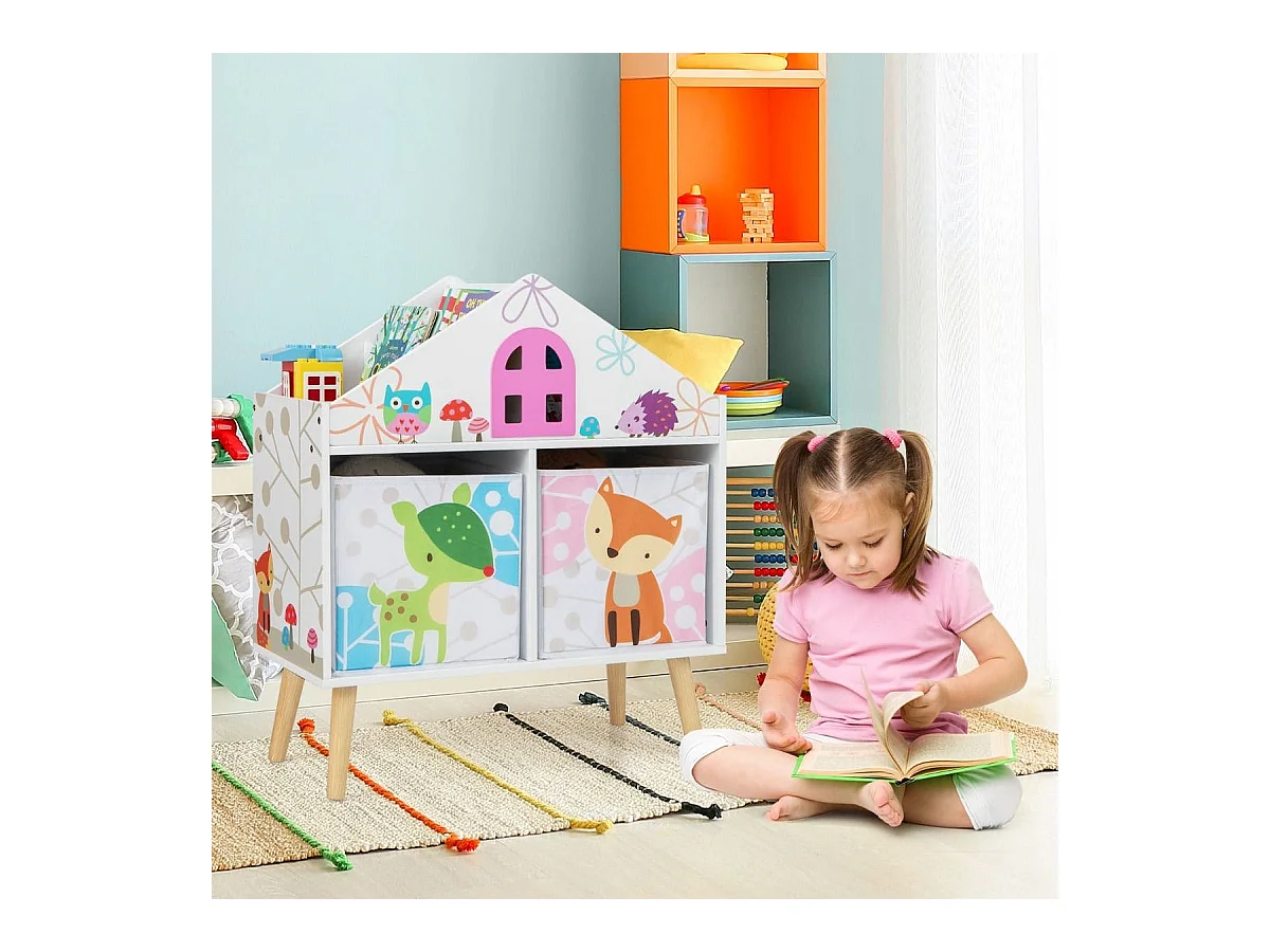 Bibliothèque en Forme de Maison pour Enfants Meuble en Bois pour Jouets 2 Bacs de Rangement Pieds Surélevés en Bois Massif Armoire de Rangement Blanc
