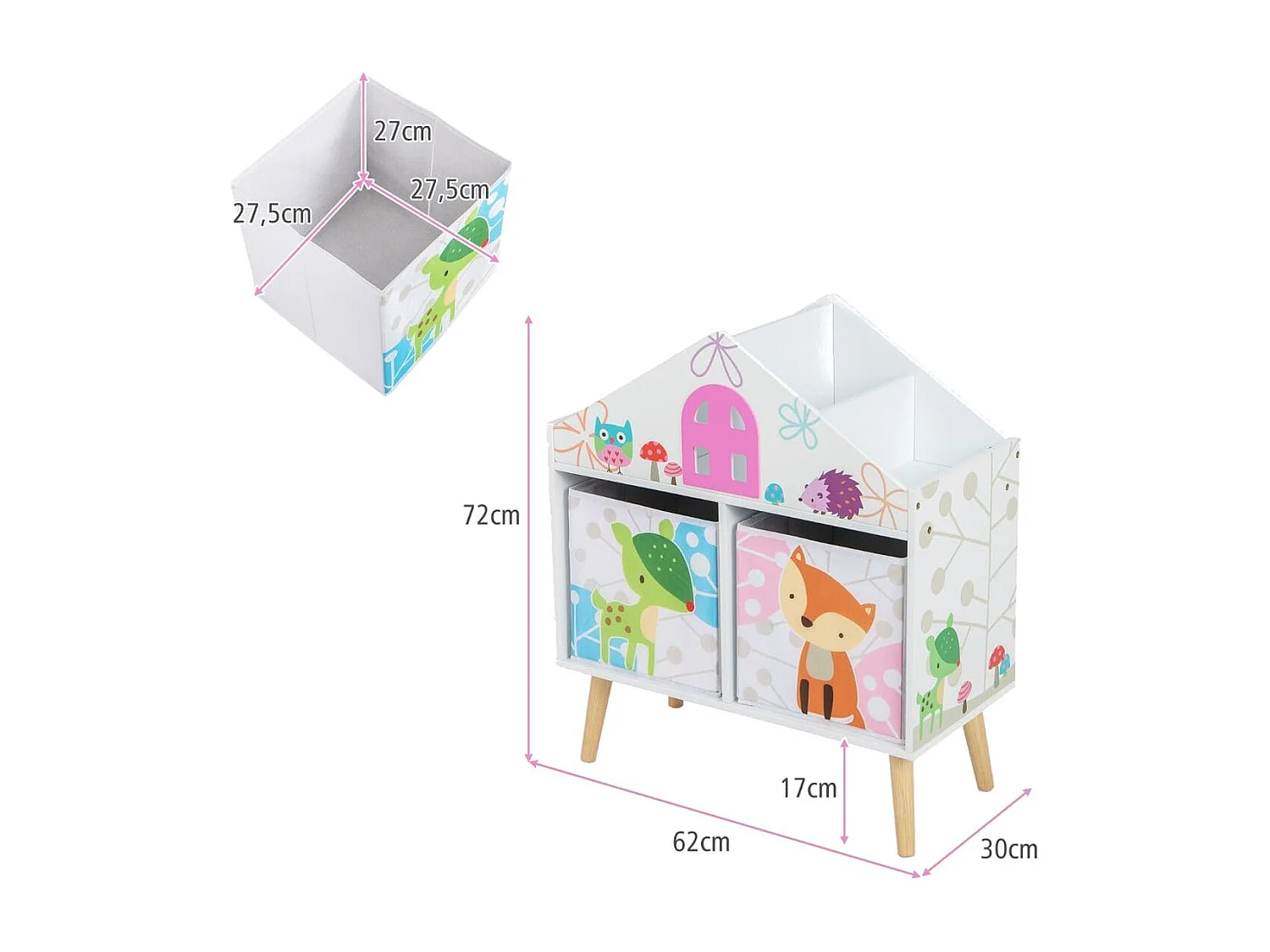 Libreria a forma di casa per bambini, Scaffale libreria in legno con 2 contenitori rimovibili gambe in legno massello Bianco