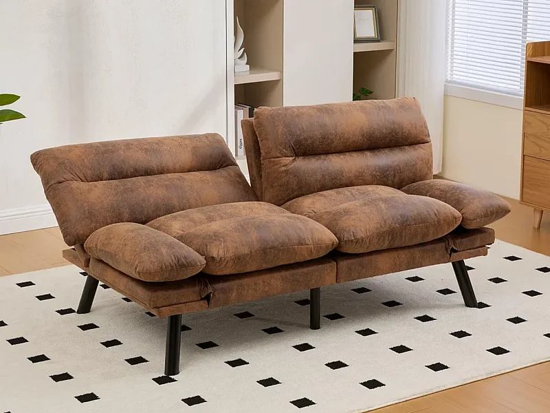 Bruine 2-zits microvezel slaapbank - met uitklapfunctie - Comfort en functionaliteit, ideaal voor woonkamer, slaapkamer of kleine ruimte