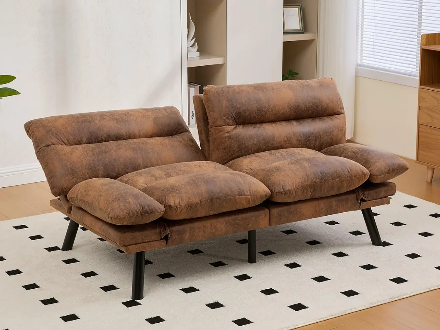 Canapé convertible 2 places marron en microfibre - avec fonction rabattable - Confort et praticité, idéal pour salon, chambre ou petit espace