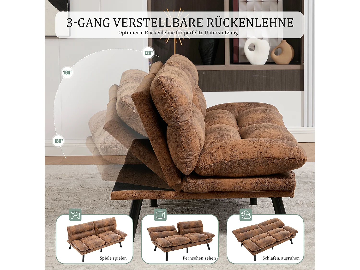 Canapé convertible 2 places marron en microfibre - avec fonction rabattable - Confort et praticité, idéal pour salon, chambre ou petit espace