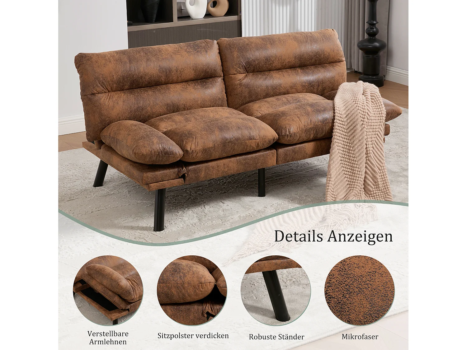 Canapé convertible 2 places marron en microfibre - avec fonction rabattable - Confort et praticité, idéal pour salon, chambre ou petit espace