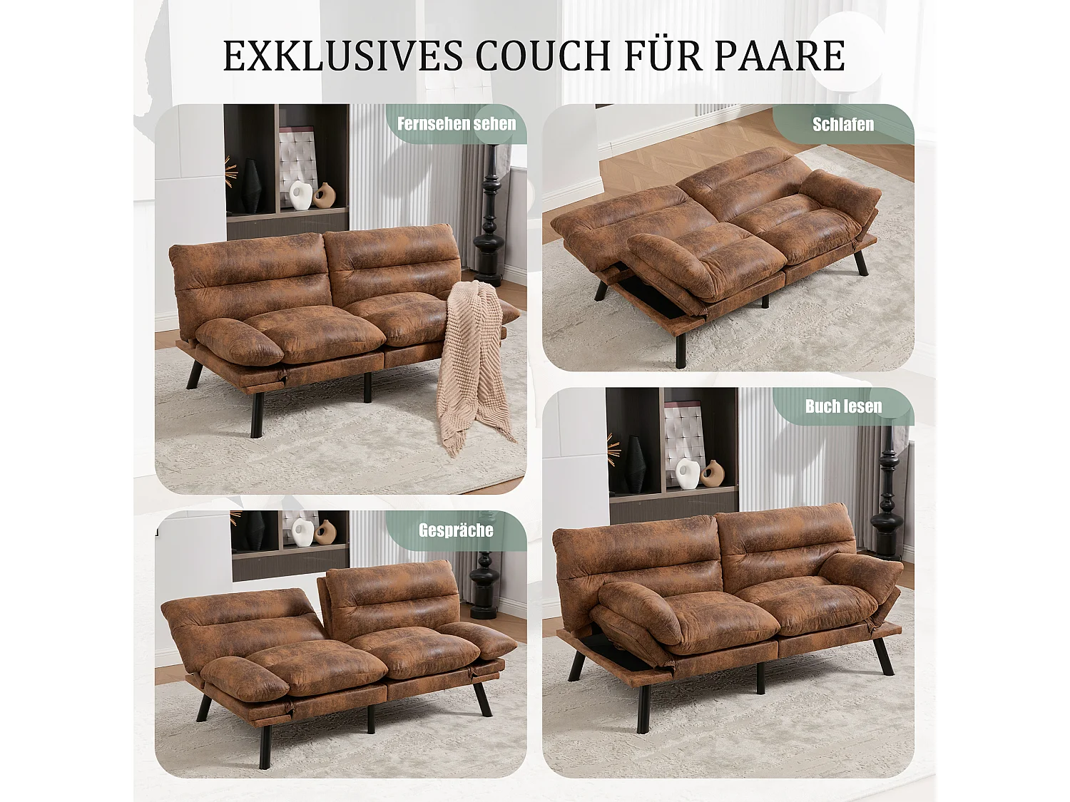 Canapé convertible 2 places marron en microfibre - avec fonction rabattable - Confort et praticité, idéal pour salon, chambre ou petit espace