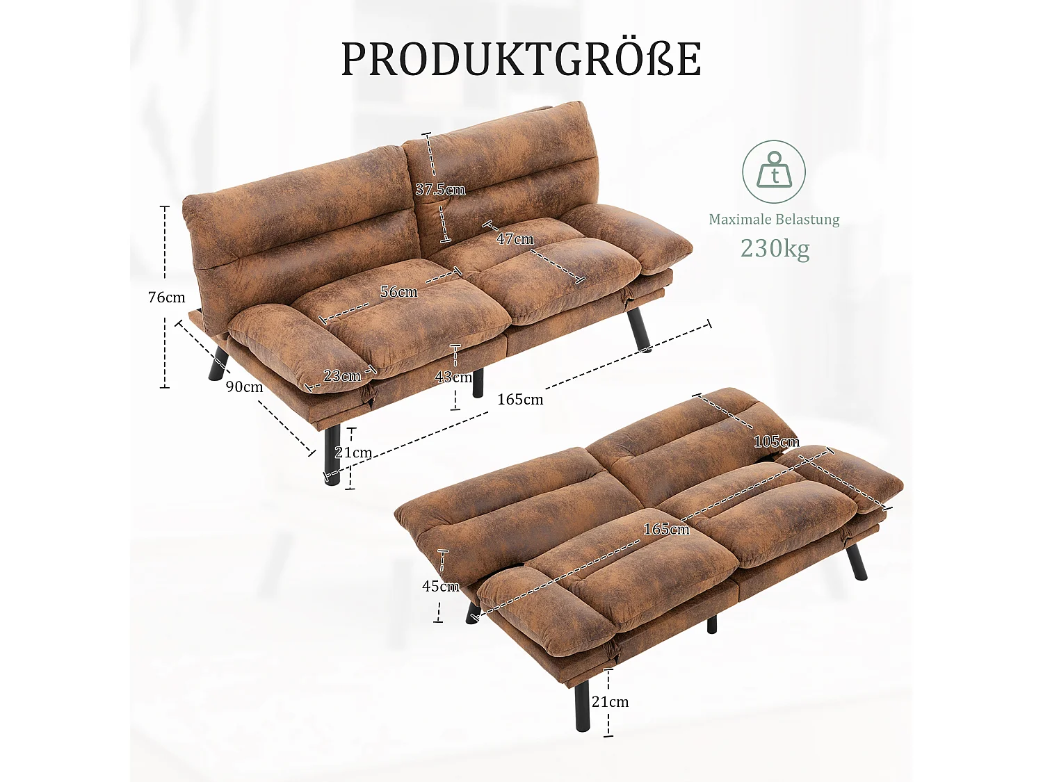 Canapé convertible 2 places marron en microfibre - avec fonction rabattable - Confort et praticité, idéal pour salon, chambre ou petit espace