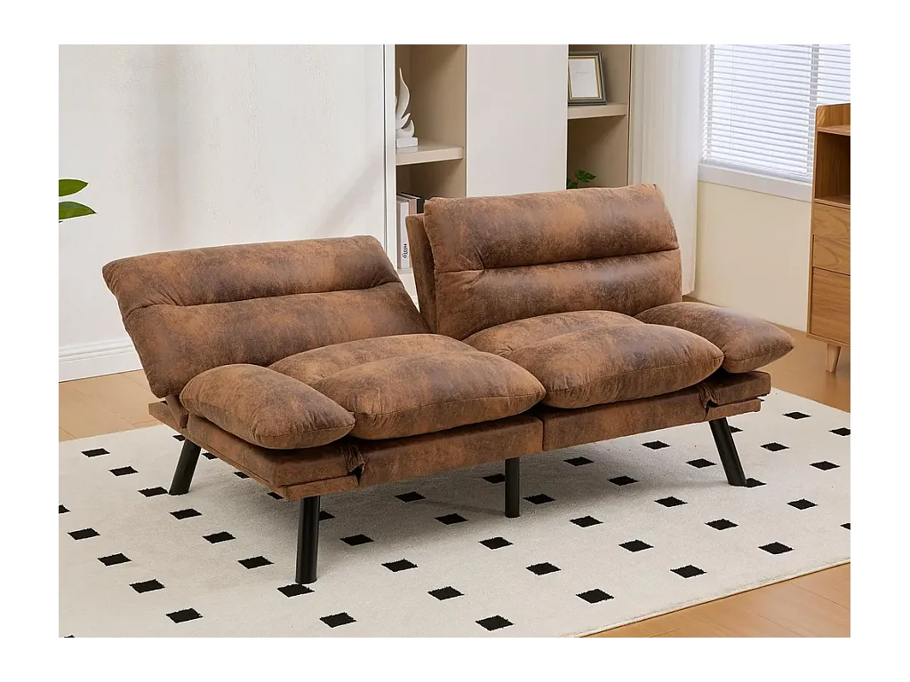 Canapé convertible 2 places marron en microfibre - avec fonction rabattable - Confort et praticité, idéal pour salon, chambre ou petit espace