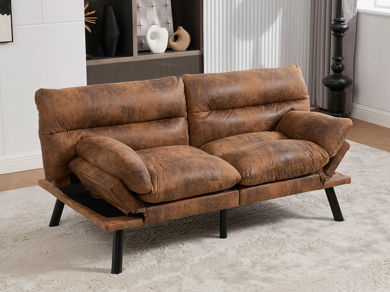 Canapé convertible 2 places marron en microfibre - avec fonction rabattable - Confort et praticité, idéal pour salon, chambre ou petit espace