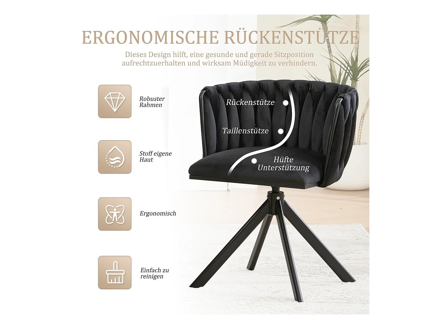 Lot de 2 Chaises pivotante noires - Chaise coquillage avec pieds noirs - Style contemporain