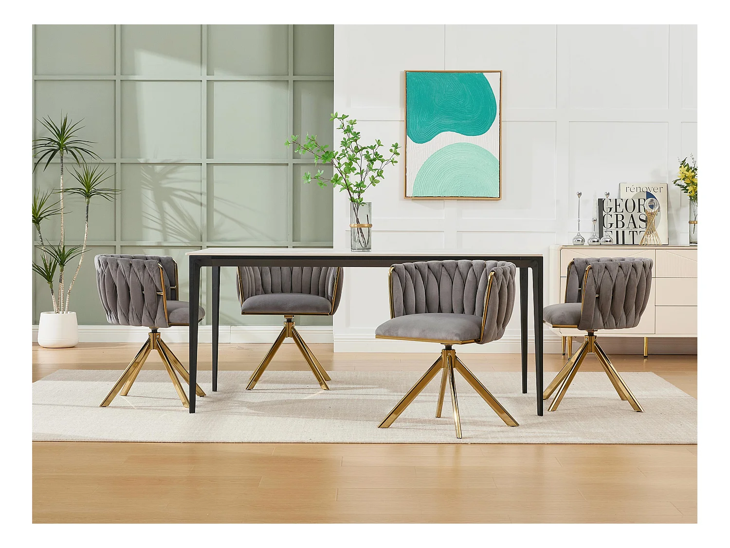 Lot de 4 Chaises pivotante grises - Chaise coquillage avec pieds en métal doré - Style contemporain