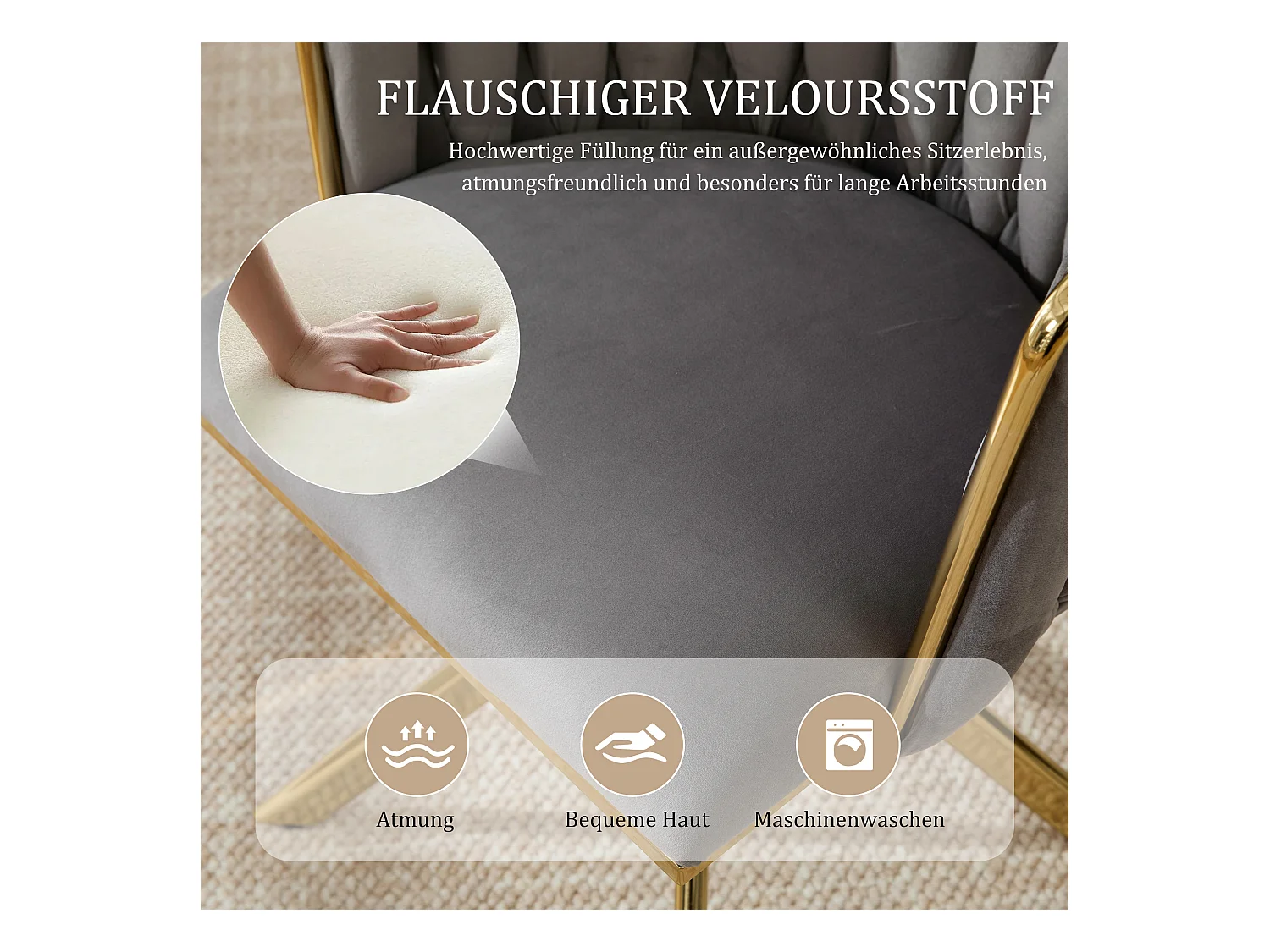 Lot de 4 Chaises pivotante grises - Chaise coquillage avec pieds en métal doré - Style contemporain