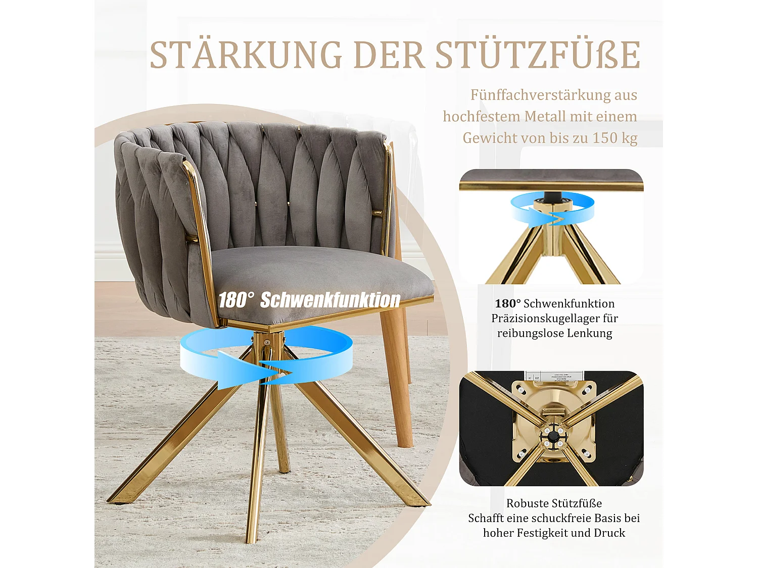 Lot de 4 Chaises pivotante grises - Chaise coquillage avec pieds en métal doré - Style contemporain