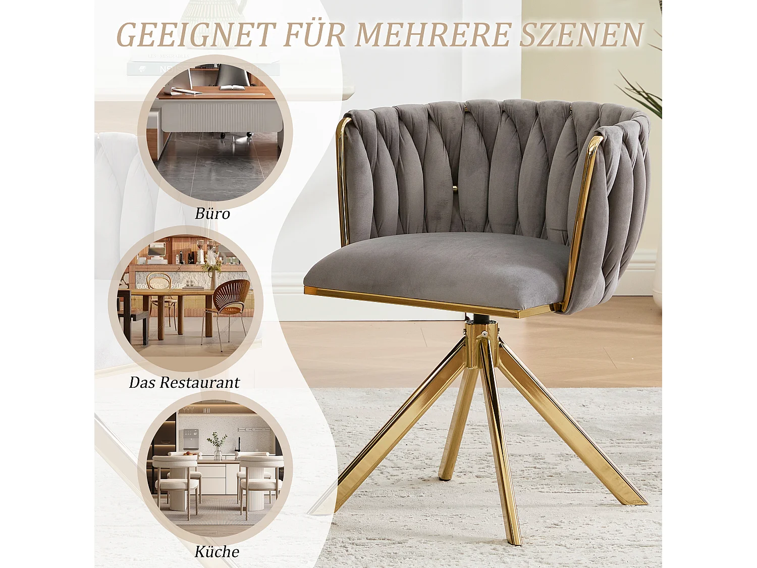 Set van 4 draaistoelen - Schelpstoel met gouden metalen poten - Hedendaagse stijl