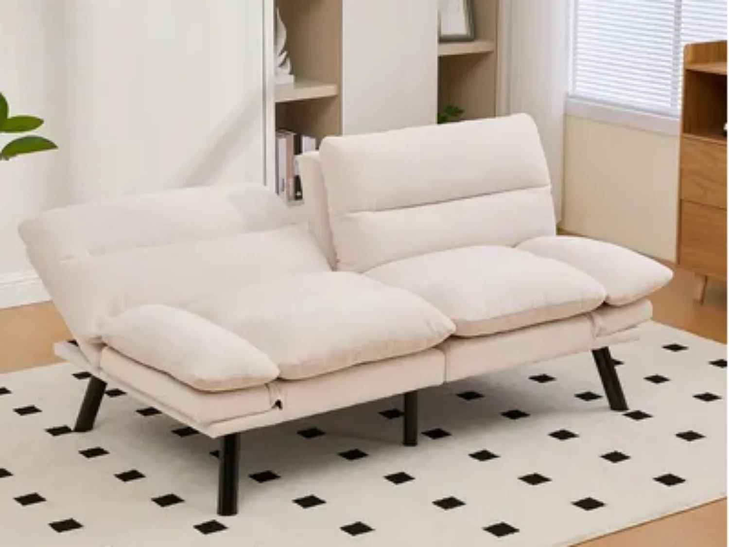 Canapé convertible 2 places beige en tissu chenille - avec fonction rabattable - Confort et praticité, idéal pour salon, chambre ou petit espace