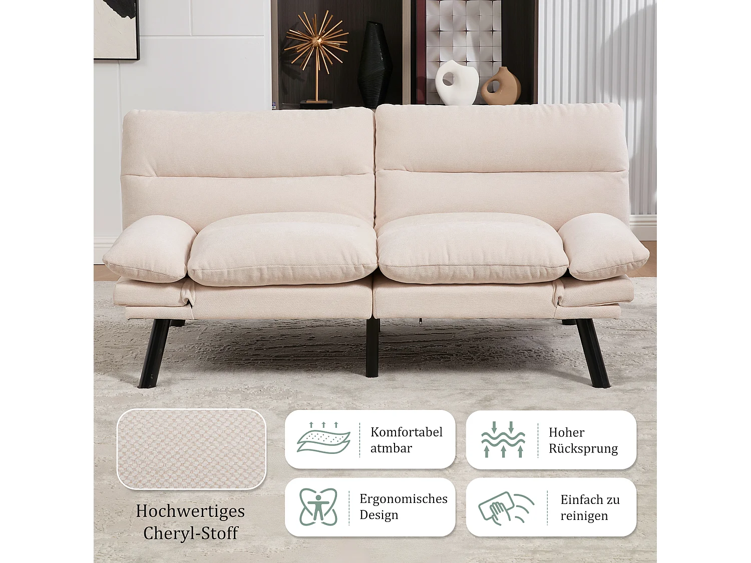 Canapé convertible 2 places beige en tissu chenille - avec fonction rabattable - Confort et praticité, idéal pour salon, chambre ou petit espace