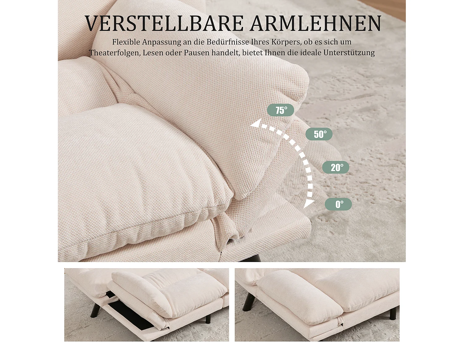 Canapé convertible 2 places beige en tissu chenille - avec fonction rabattable - Confort et praticité, idéal pour salon, chambre ou petit espace