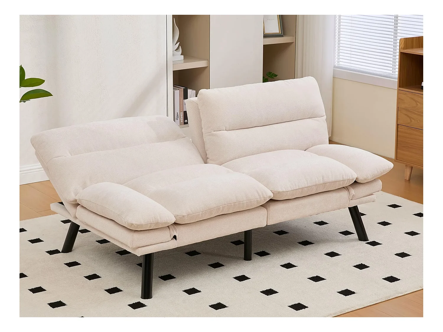 Canapé convertible 2 places beige en tissu chenille - avec fonction rabattable - Confort et praticité, idéal pour salon, chambre ou petit espace