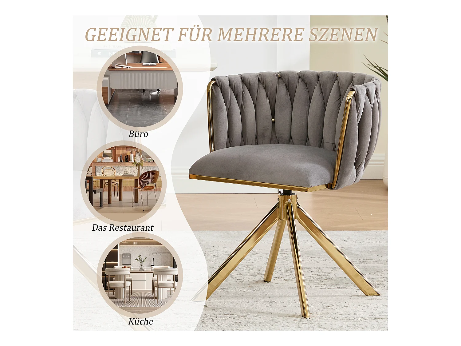 Lot de 2 Chaises pivotante grises - Chaise coquillage avec pieds en métal doré - Style contemporain